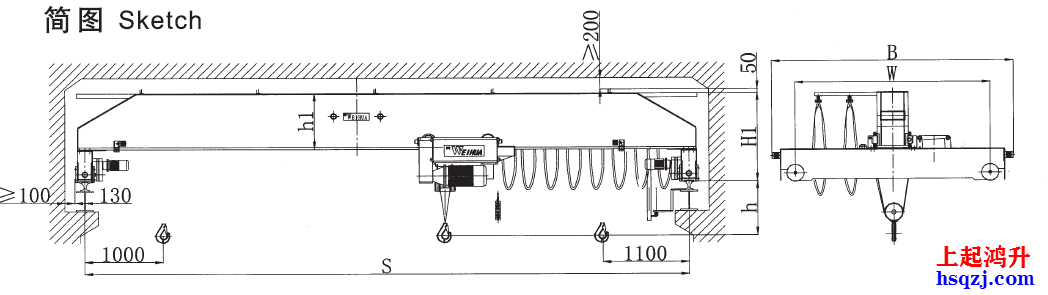 歐式單梁起重機(jī)結(jié)構(gòu)圖紙及外形尺寸 歐式單梁起重機(jī)結(jié)構(gòu)圖紙及外形尺寸