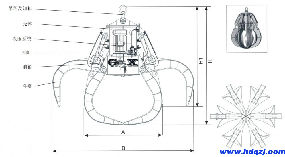 DYZ電動(dòng)液壓多瓣抓斗外形尺寸圖 DYZ電動(dòng)液壓多瓣抓斗外形尺寸圖
